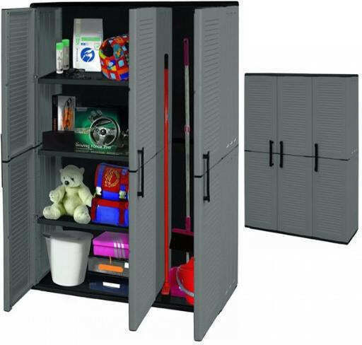 Three-Leaf Plastic Cabinet with Divider & 3 Shelves Grey 102x37x163 cm