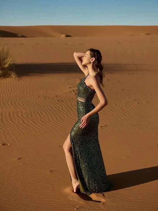 Summer Maxi Evening Satin Dress with Mesh Olive