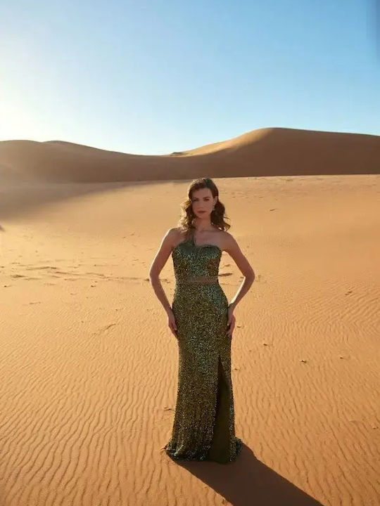 Summer Maxi Evening Satin Dress with Mesh Olive