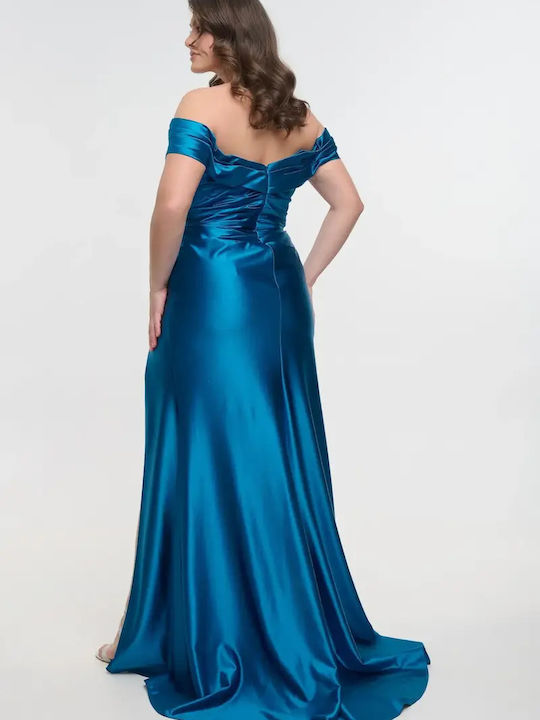 Maxi Βραδινό Φόρεμα Strapless Σατέν Κρουαζέ με Σκίσιμο Μπλέ