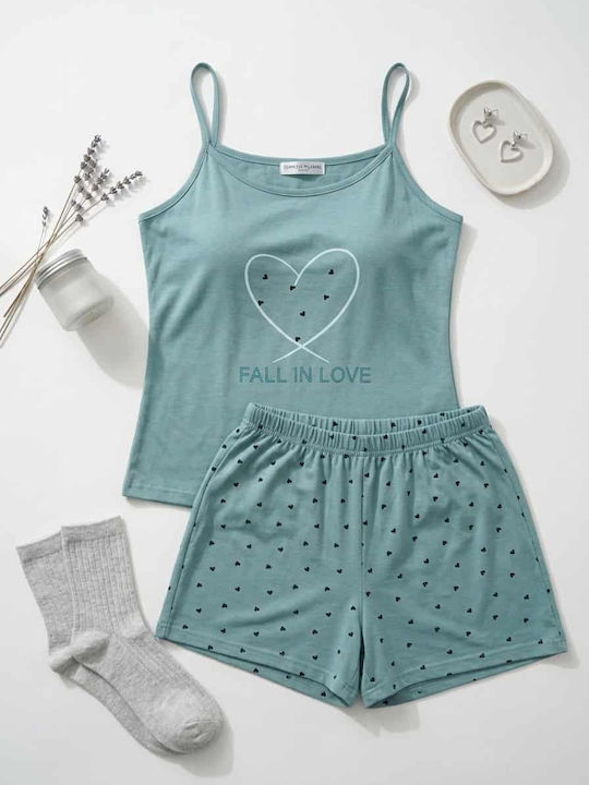 Love Set De Pijamale De Vară Pentru Femei Din Bumbac Turcoaz