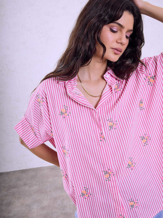 Celestino Damenhemd Oversized Gestreift Loose Fit Fuchsie