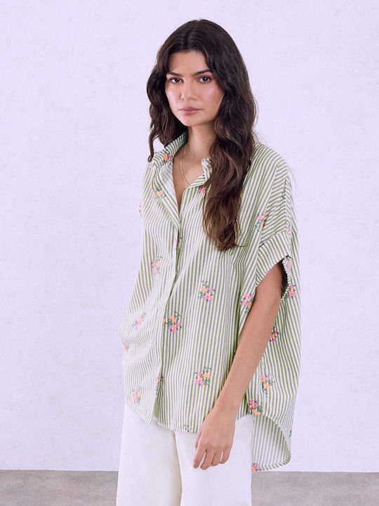 Celestino Γυναικείο Πουκάμισο Oversized Ριγέ Loose Fit Χακί