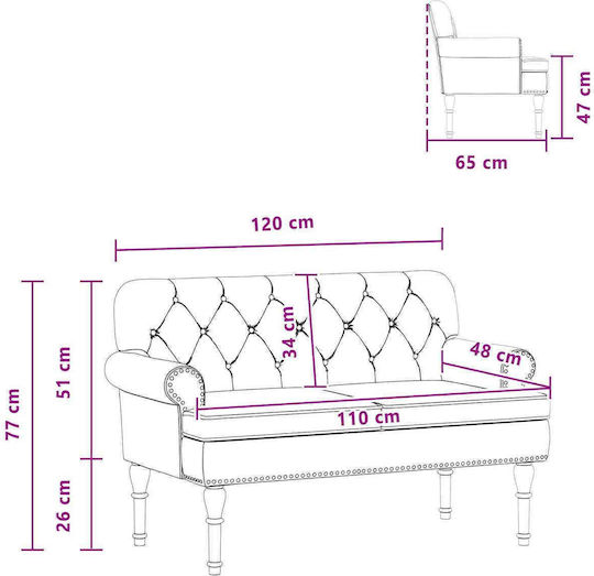 Two-Seater Velvet White Couch 120x65x77 cm