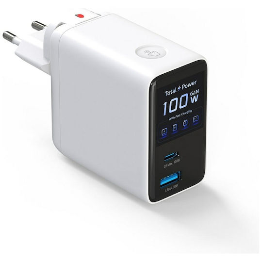 4Smarts Φορτιστής GaN με Θύρα USB-A και Θύρα USB-C και Καλώδιο USB-C 100W Power Delivery Λευκός (Flex Screen AI)