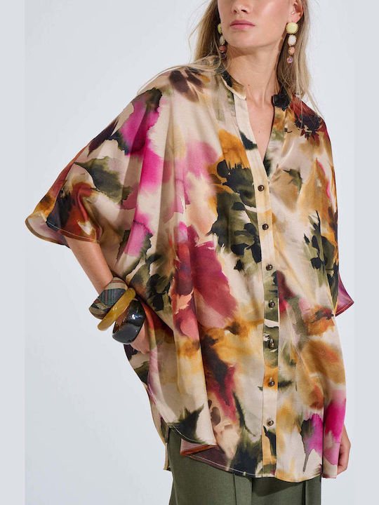 Long Sleeve Women's Satin Shirt Olive