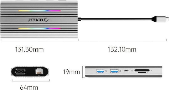 Orico XCR 12in1 RGB USB-C Docking Station με HDMI 4K PD Ethernet Ασημί