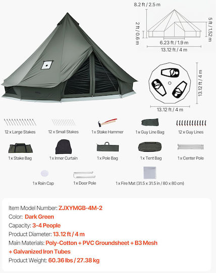 Vevor Bell Σκηνή Camping Αποθήκευσης Πράσινη με Διπλό Πανί 4 Εποχών για 4 Άτομα 400x400x250εκ.