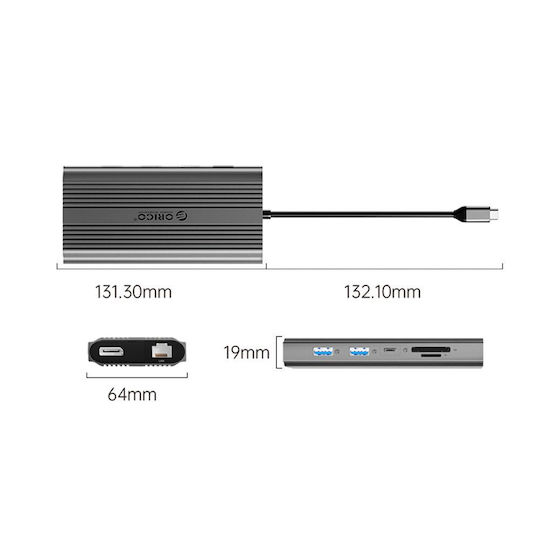 Orico XDR 12in1 USB-C Docking Station with HDMI/DisplayPort 4K PD Ethernet Grey