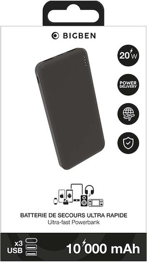 BigBen Connected Външна Батерия 10000mAh 20W с 2 USB-A Изходни Порта и USB-C Изходен Порт Power Delivery Черна