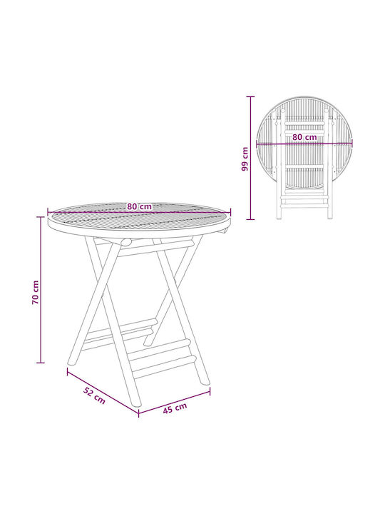 Sitting Room Table for Small Outdoor Spaces Made of Bamboo Foldable Natural 80x70cm
