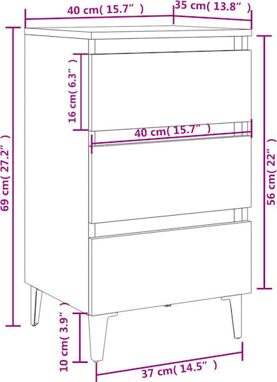 Wooden Bedside Table with Black Metal Legs 40x35x69cm