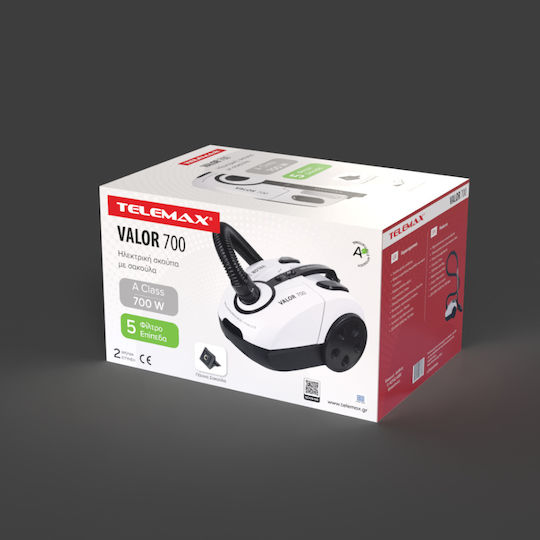 Telemax Valor 700 Ηλεκτρική Σκούπα 700W με Σακούλα 2lt Λευκή