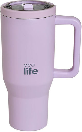 Ecolife Рециклируема Чаша с Дръжка Термос Неръждаема Стомана Без BPA 900ml Лилав с Сламка и Дръжка