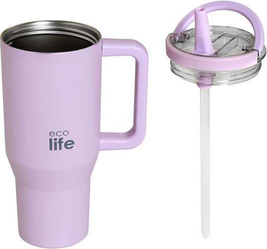 Ecolife Рециклируема Чаша с Дръжка Термос Неръждаема Стомана Без BPA 900ml Лилав с Сламка и Дръжка