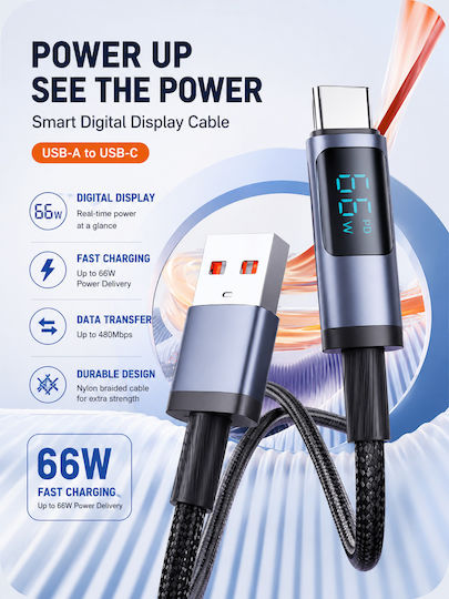Geflochtenes LED Kabel USB Typ-C männlich - USB-A 66W Schwarzes 1,2m TG-UC66D-120-BK