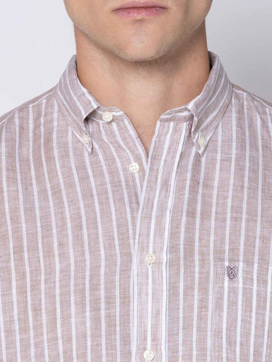 Short Sleeve Linen Shirt in Regular Fit Striped Beige