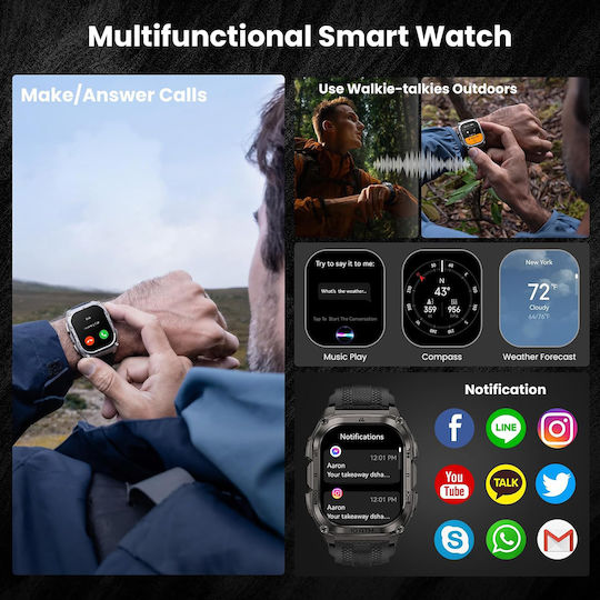 Kospet Tank M4 Stainless Steel 50mm Waterproof Smartwatch with Heart Rate Monitor (Black - M/L)