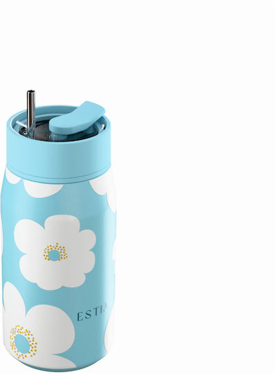 Estia Lens Save The Aegean Thermos Cup Stainless Steel BPA Free 360ml Blue Daisy with Straw