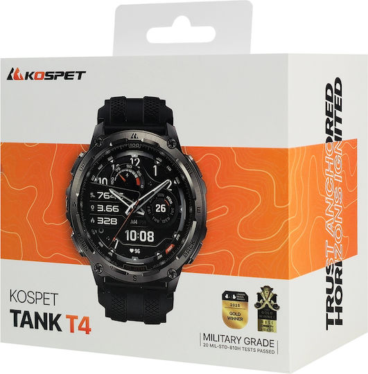 Kospet Tank T4 Stainless Steel 49mm Waterproof Smartwatch with Heart Rate Monitor Black M/L