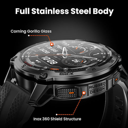 Kospet Tank T4 Stainless Steel 49mm Waterproof Smartwatch with Heart Rate Monitor Black M/L