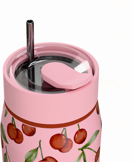 Estia Lens Save The Aegean Чаша Термос Неръждаема Стомана Без BPA 360ml Cherry Rose с Сламка