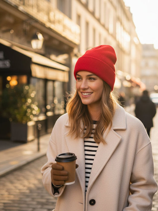 Beanie Unisex Σκούφος Πλεκτός σε Κόκκινο χρώμα