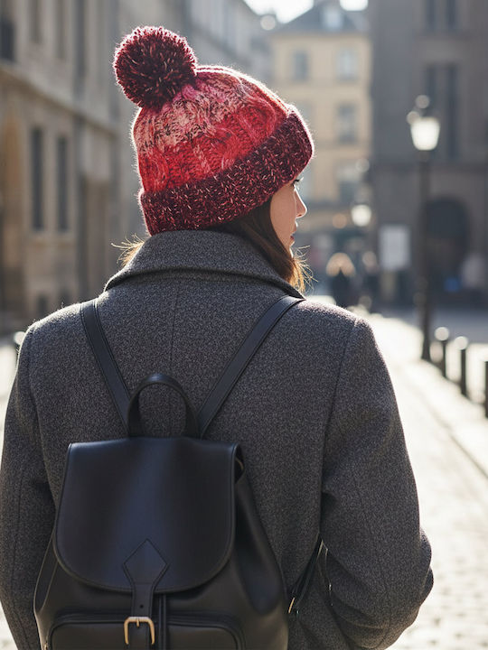 Pom Pom Beanie Unisex Σκούφος Πλεκτός σε Μπορντό χρώμα