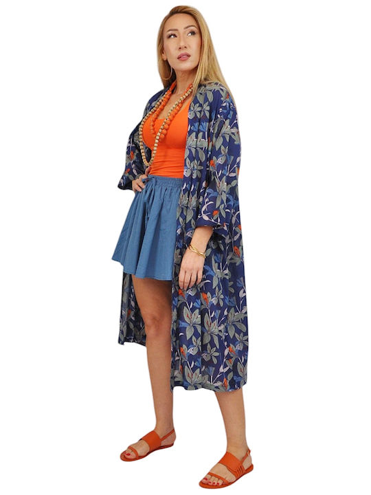 Kalimera Clothing Athens Дамско Кимоно За Плаж Синьо Флорално
