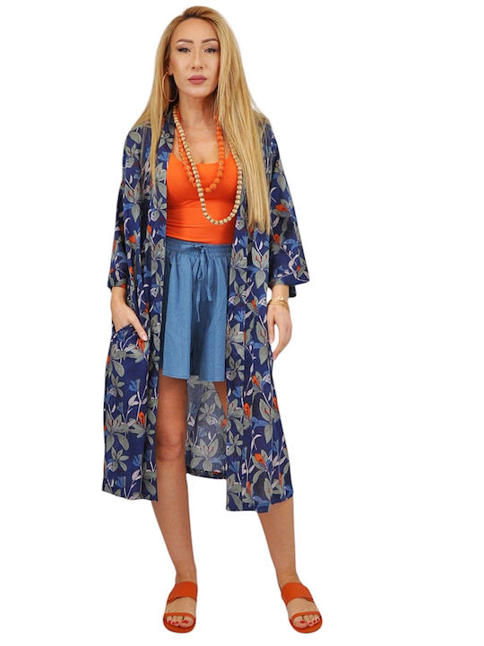 Kalimera Clothing Athens Дамско Кимоно За Плаж Синьо Флорално