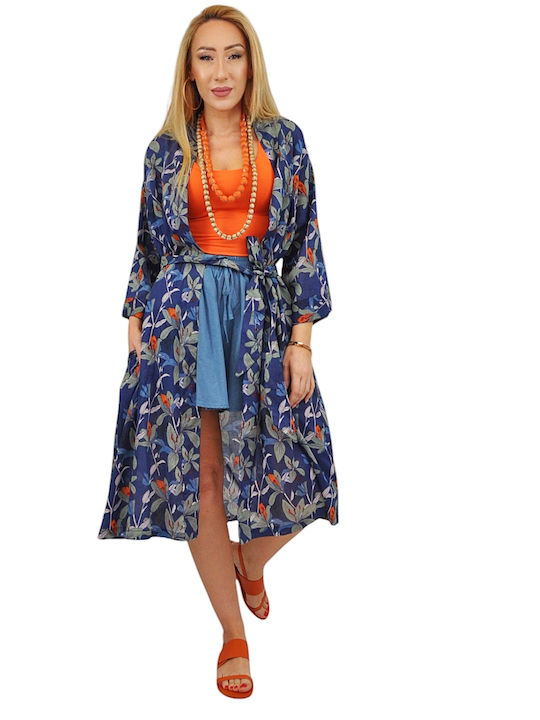 Kalimera Clothing Athens Дамско Кимоно За Плаж Синьо Флорално