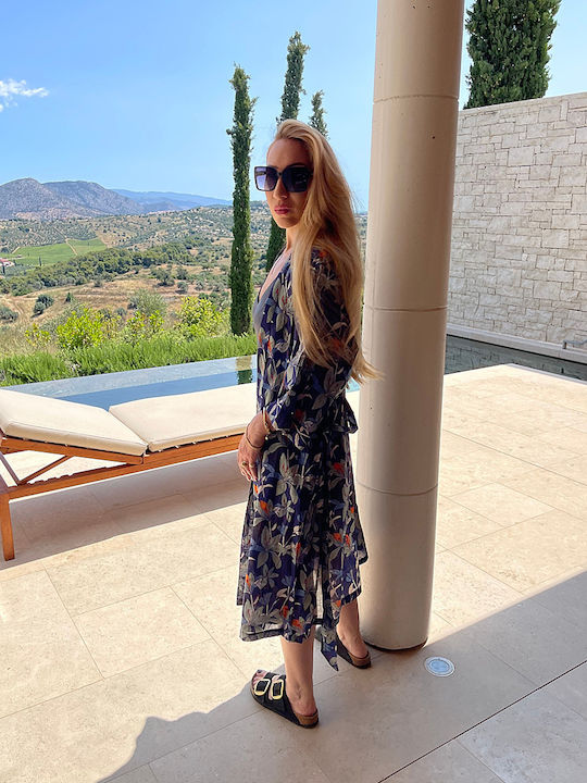 Kalimera Clothing Athens Дамско Кимоно За Плаж Синьо Флорално