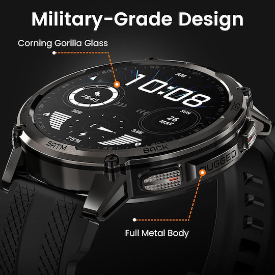 Kospet Tank T4C Stainless Steel 50mm Waterproof Smartwatch with Heart Rate Monitor Black M/L