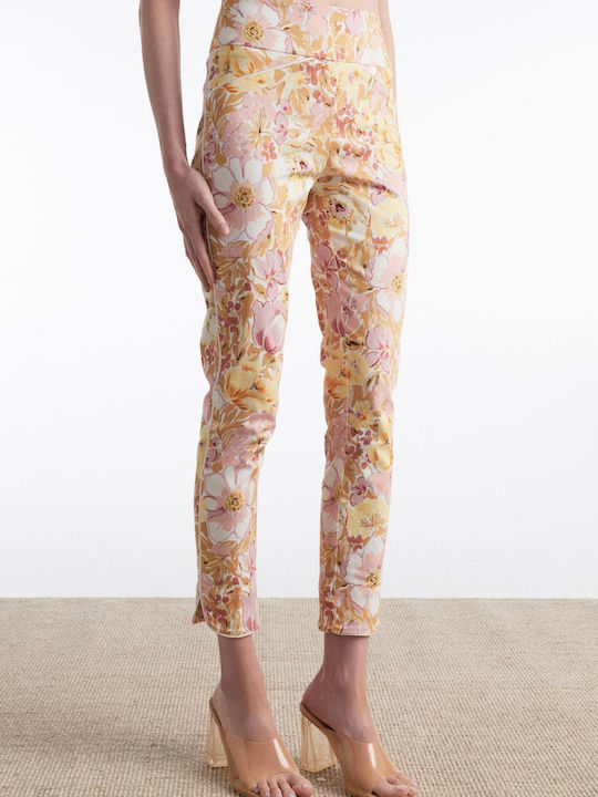 Pantaloni Dama Capri Din Țesătură Floral Roz Floral