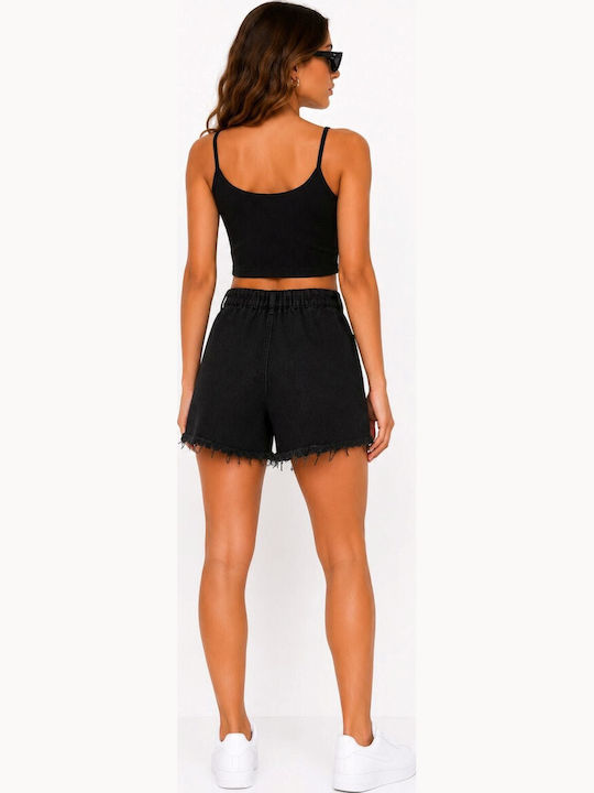 Pantaloni scurți din denim cu talie înaltă pentru femei Black