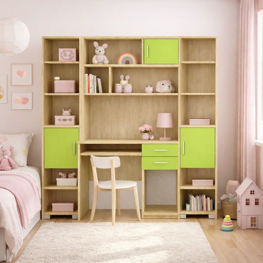 8-14 Kids Desk with Library Made of Green Melamine 100x55x180cm