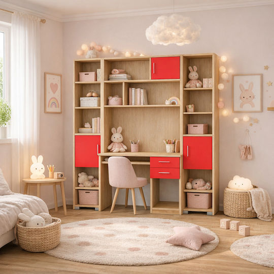 8-14 Kinder Schreibtisch mit Bibliothek aus Melamin Rote 100x55x180cm