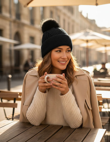Pom Pom Beanie Unisex Beanie with Rib Knit in Black Colour