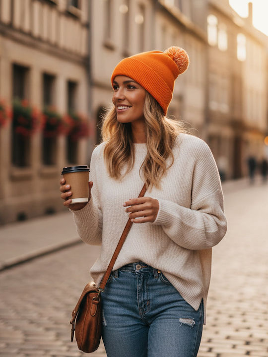 Snowstar B450 Pom Pom Beanie Unisex Σκούφος Πλεκτός σε Πορτοκαλί χρώμα
