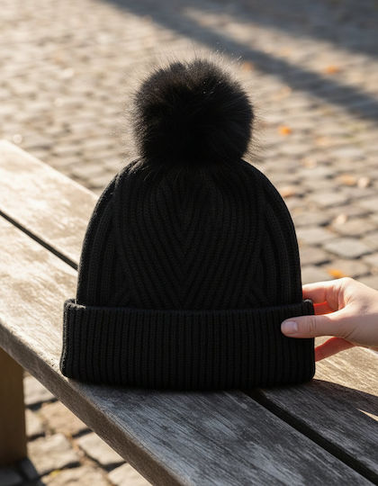 Pom Pom Beanie Unisex Beanie with Rib Knit in Black Colour