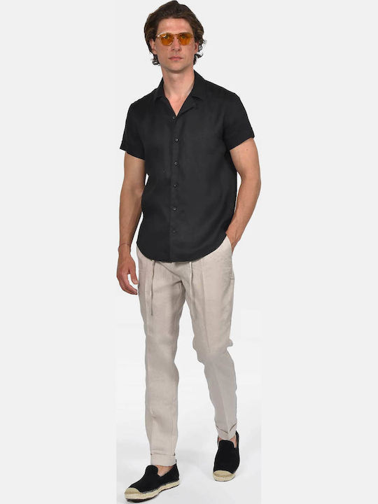 Short Sleeve Linen Shirt in Regular Fit Black