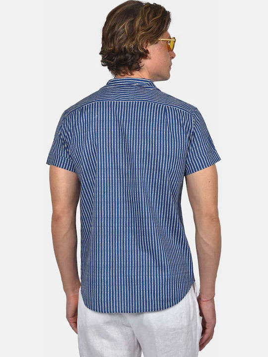 Short Sleeve Linen Shirt in Regular Fit Striped Blue