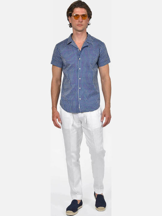 Short Sleeve Linen Shirt in Regular Fit Striped Blue