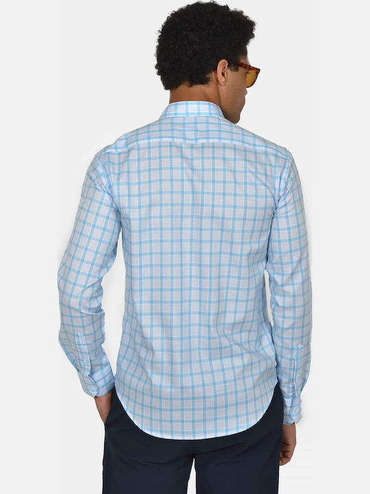 Long Sleeve Cotton Shirt in Regular Fit Checked Turquoise