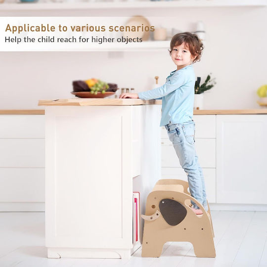Turn de învățare Montessori din lemn pentru copii Scaun înalt de baie cu 2 trepte antiderapant design elefant BebeLogic