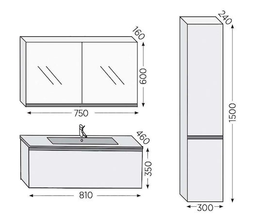 Furnibath Баня маса със смесител и Огледало М81xД35xВ46см Орех