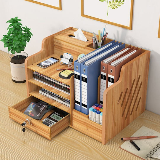 Organizator de Birou din Lemn cu 9 Compartimente Sertar Suport pentru Chei Organizator de Documente A4 Accesorii pentru Bibliorafturi 38.8 X 29 X 28 Cm Maro Deschis