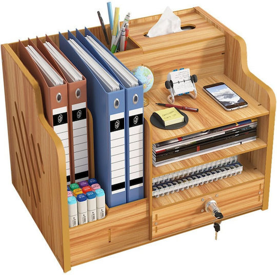 Organizator de Birou din Lemn cu 9 Compartimente Sertar Suport pentru Chei Organizator de Documente A4 Accesorii pentru Bibliorafturi 38.8 X 29 X 28 Cm Maro Deschis