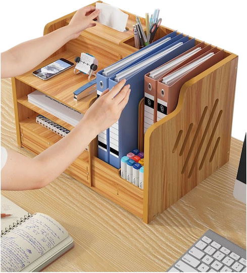 Organizator de Birou din Lemn cu 9 Compartimente Sertar Suport pentru Chei Organizator de Documente A4 Accesorii pentru Bibliorafturi 38.8 X 29 X 28 Cm Maro Deschis