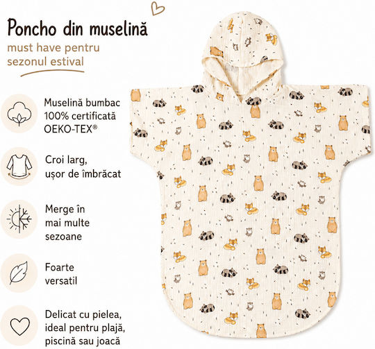 Kidizi Cuddly Buddies Poncho Dublu Din Muselină Pentru Copii 6-18 Luni – Cu Glugă Uscare Rapidă Croială Lejeră Plajă Piscină
